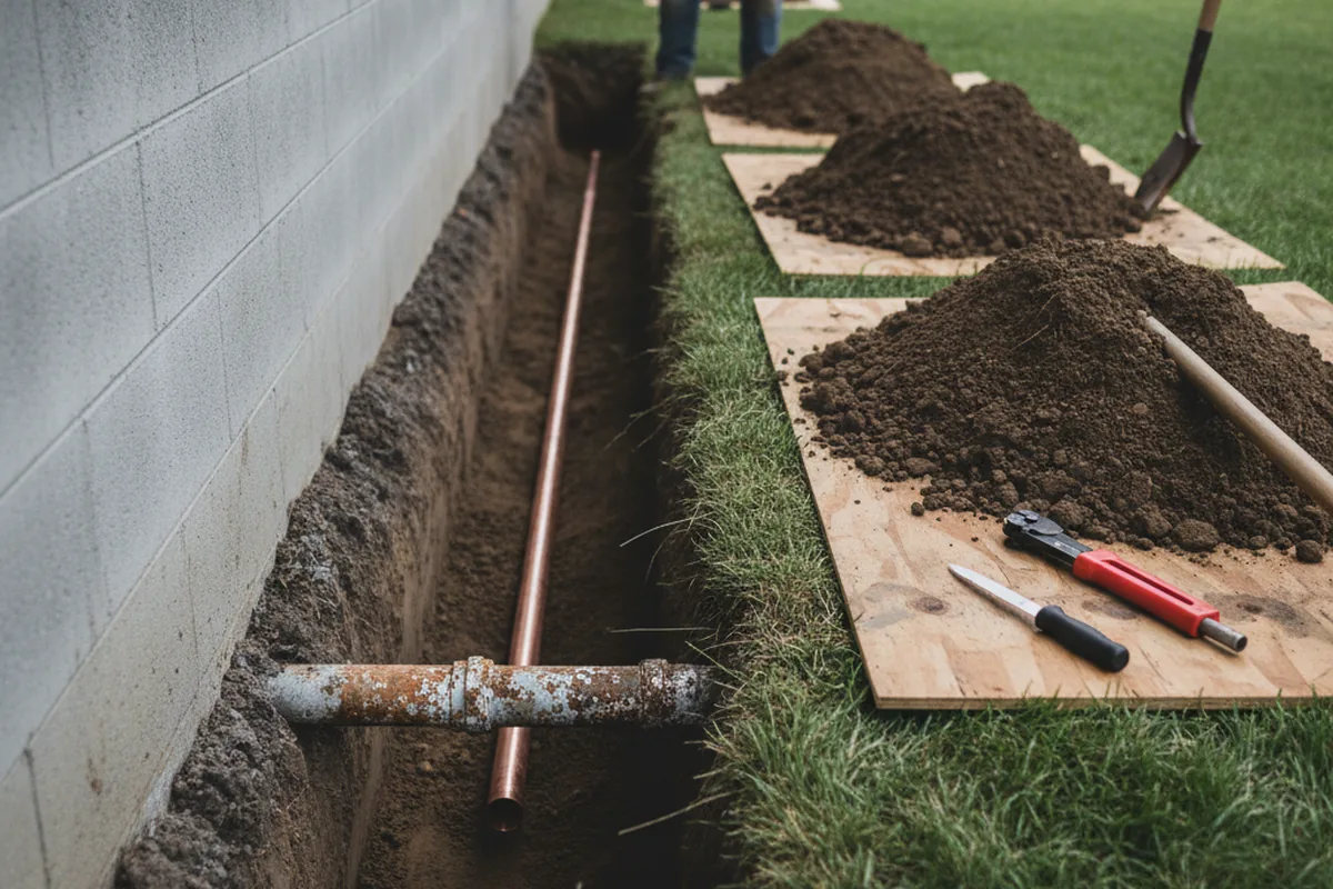 Excavated water line trench during Water Softener Installation in Story